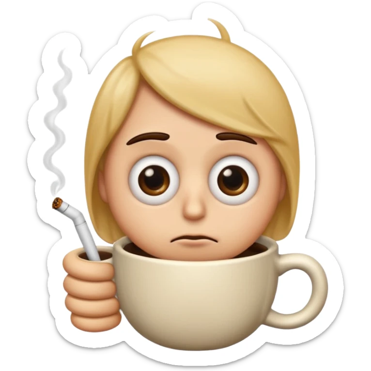 Create an emoji that is tired of life with big eye bags and annoyed. He needs to have a coffee and a used cigarette next to him or his hands  sticker