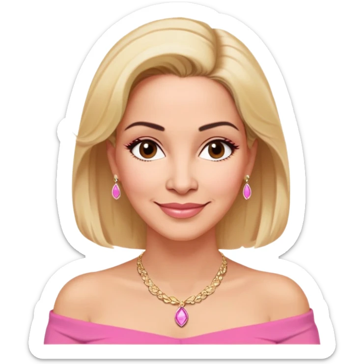 Puerto Rican actress Linette Torres in her 50s with warm light skin, sweet loving expression, gentle kind eyes, well-defined eyebrows, straight nose, warm smile, shoulder-length blonde hair, wearing a pink off-shoulder strapless top and a necklace sticker