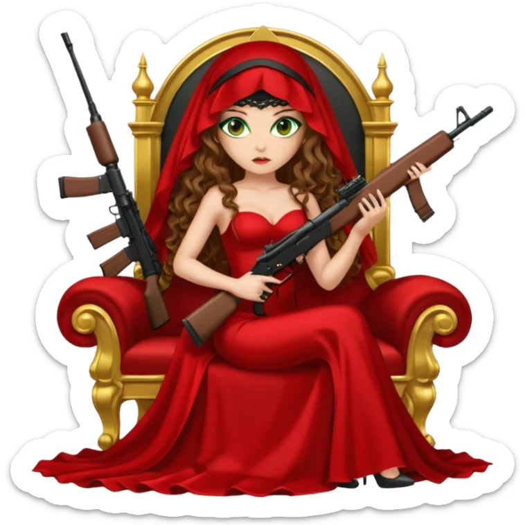 Drug dealer female green eyes symbol.  hair is brown curly long hair. sexy long with long red and black dress and face veion that covers her mouth only. black stiletto platform high heels shoes on. Holding sniper rifle sitting on a gold throne. sticker