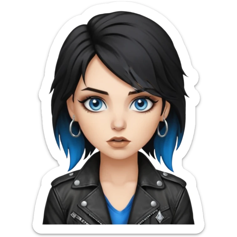 
 rockstar girl with black disheveled hair, blue eyes, Smokey eyes grunge makeup, ring on the side of the nose sticker