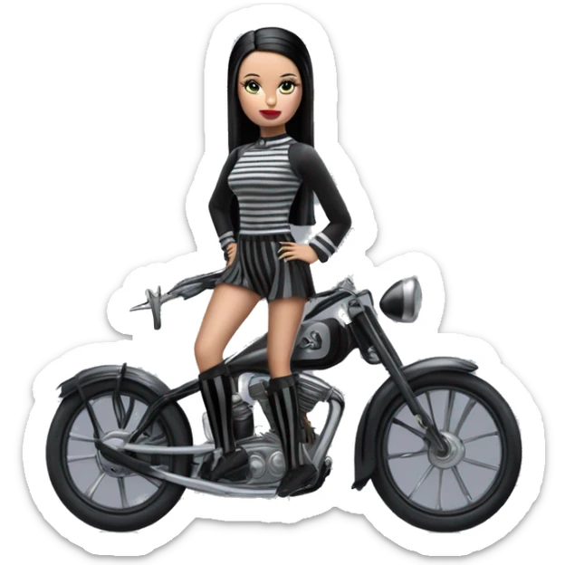 Jeffery New York Lingerie Barbie Wednesday Addams from academy in vertically striped gray and black outfit. riding hot rod bikes with crows sticker