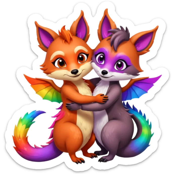 black female raccoon dragon hybrid with rainbow colored wings and purple eyes giving a big hug to a red female fox dragon hybrid with rainbow colored wings and orange eyes sticker