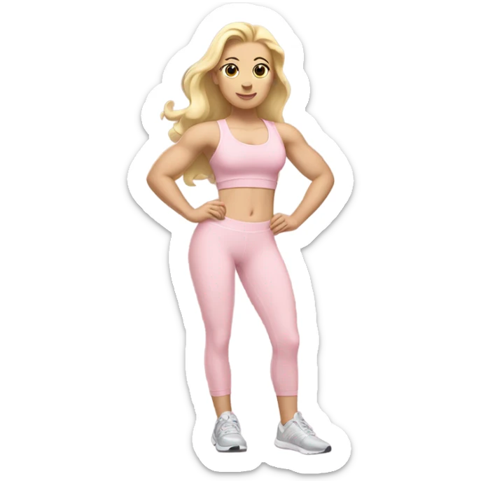 White woman, pale skin, long hair, blonde hair, wavy hair, baby pink sports bra, baby pink leggings, flexing right arm, left hand on hip sticker