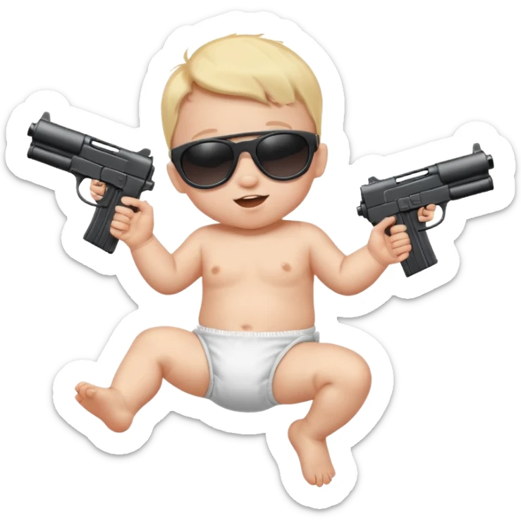 Baby in diaper with black sunglasses shooting machine guns in the air jumping left to right  sticker