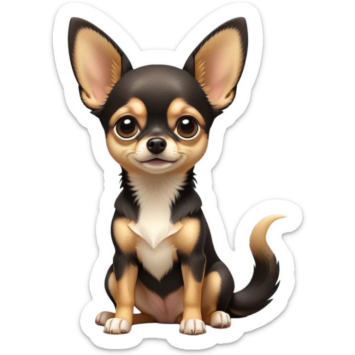 cinematic-[chihuahua dog]-realistic-full-body-sitting-emoji,-tail-resting-loosely-beside-its-paws,-head-tilted-dramatically,-sleek-[black and tan]-fur,-simplified-yet-realistic-focused-features,-highly-detailed,-glowing-with-an-almost-sarcastic-glow sticker