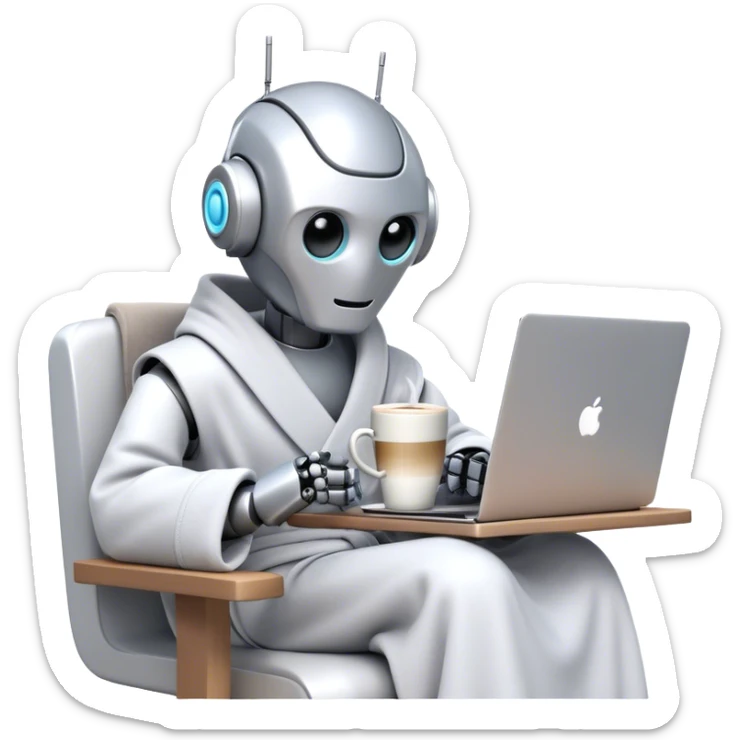 An emoji of a remote-working robot, sitting comfortably with a laptop, wrapped in a cozy bathrobe. The robot has a sleek, futuristic design with expressive digital eyes, sipping a virtual coffee. The scene should feel relaxed yet high-tech sticker