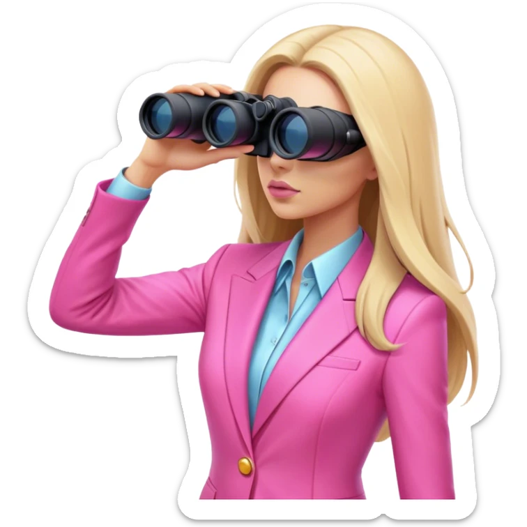 futuristic-looking woman with long hair in an intensive color pink suit looking through binoculars, viewed from an angled perspective. sticker
