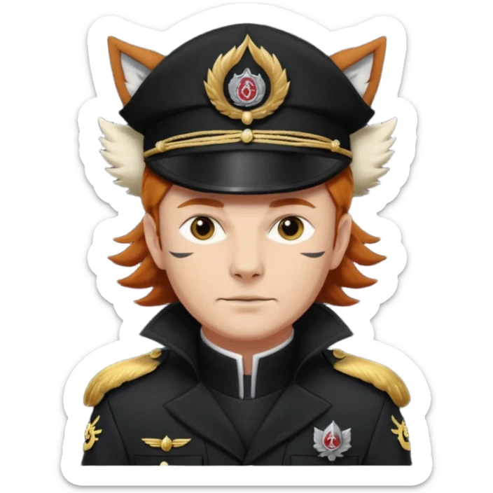 An auburn-hair'ed admiral with a flawless bear and mustache wearing a black admiral outfit and hat with Wolf Ears coming out of the hat, and 9 tails behind him, with the admiral black shirt featuring on the left breast pocket the insignia of Helldivers 2. sticker