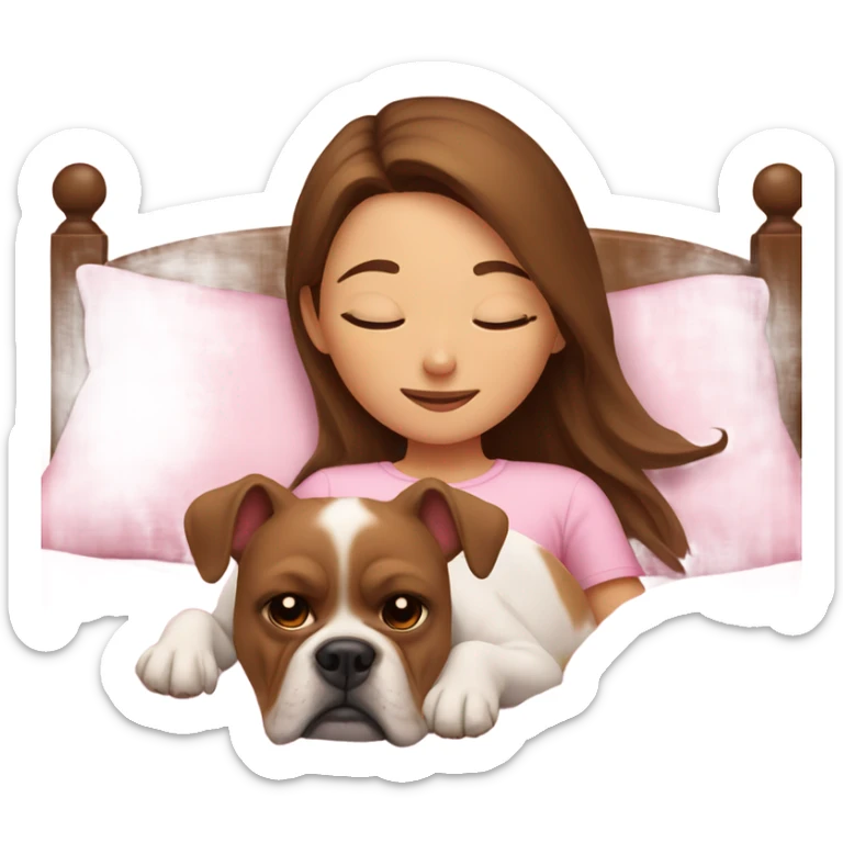  girl in pink bed with brown hair and sleeping bulldog sticker