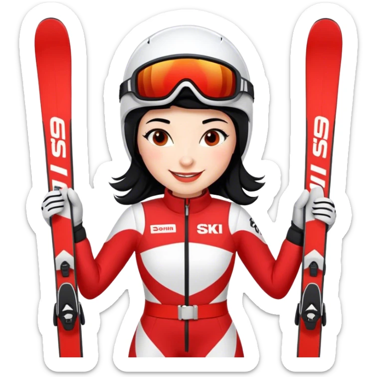 Ski racer woman red white dress with the name STEPHANIE on the dress the name HEAD on the skis, black hair, smile sticker