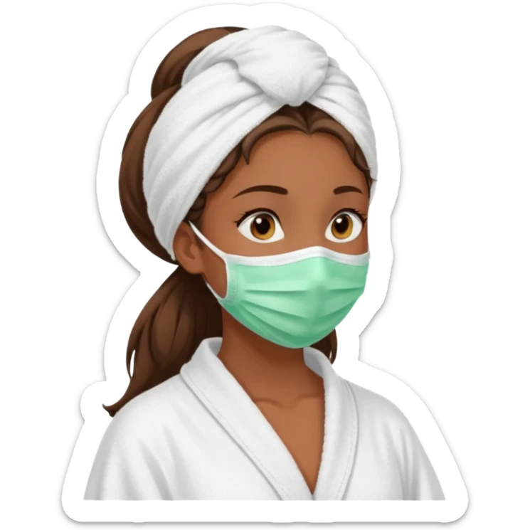 Tanned girls side profile  in robe and her hair in a towel with a face mask on sticker