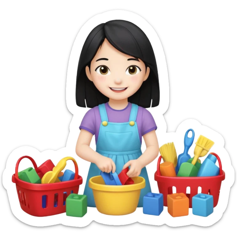 A cute 4-year-old Japanese girl with a big smile, proudly cleaning up her toys by herself in a bright playroom. She is putting colorful blocks and dolls back into baskets, looking happy and accomplished.  sticker