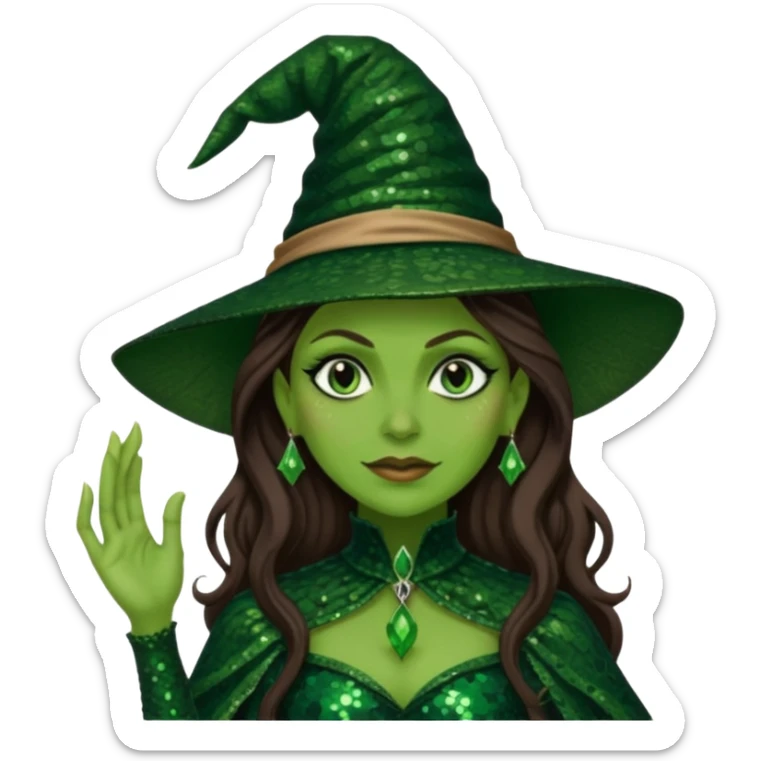 Elphaba, Wicked Witch of the West from The Wizard of Oz with long brown hair, dark green sequin outfit, green skin sticker