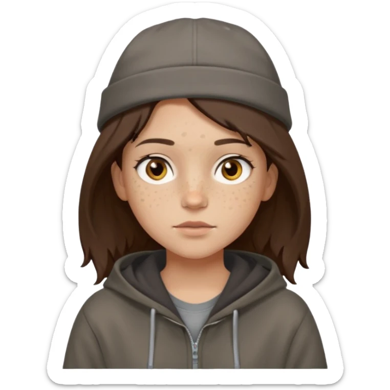 Hobo tomboy with light skin, freckles, shoulder-length center-parted dark brown hair. brown eyes, dark dull brown hoodie, grey shirt. Flat crown bolero hat sticker