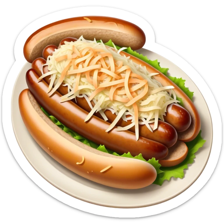 Bratwurst Cinematic Realistic Bratwurst Dish Emoji, depicted as a grilled bratwurst topped with a generous serving of shredded sauerkraut, rendered with rich textures and dynamic, appetizing lighting. sticker