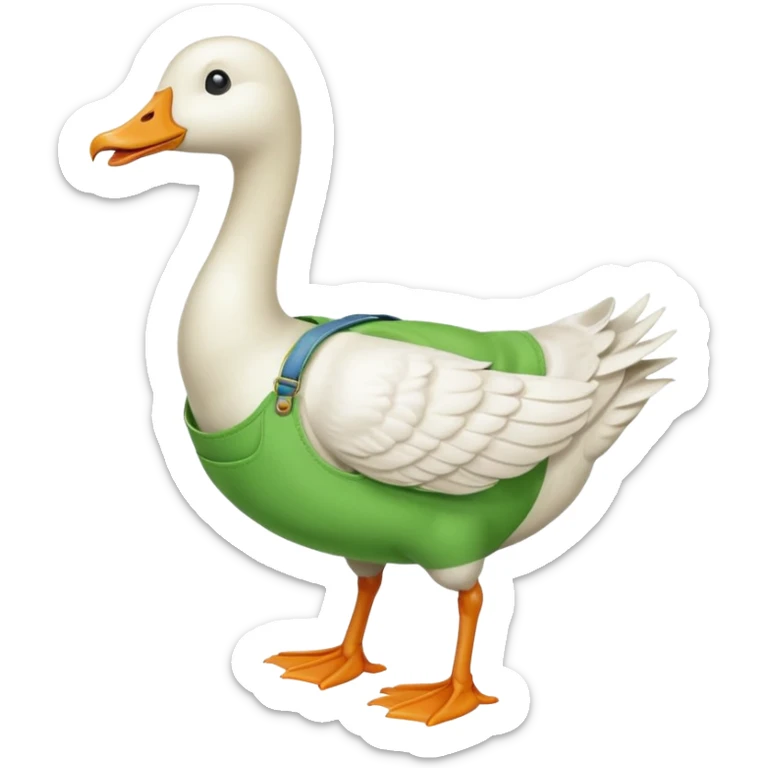 "Emoji of a white running goose with a very long neck and two legs. The goose wears bright green dungarees." sticker