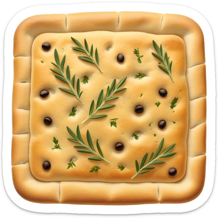 Focaccia Cinematic Realistic Focaccia Bread Dish Emoji, depicted as a golden, olive-oil brushed flatbread sprinkled with herbs, rendered with lifelike textures and warm, inviting lighting. sticker