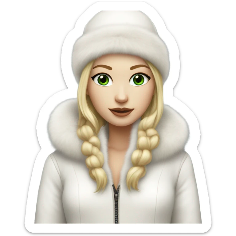 Realistic White girl with Long straight blonde hair, green eyes, tattoos, full body wearing white fur coat and fur hat sticker