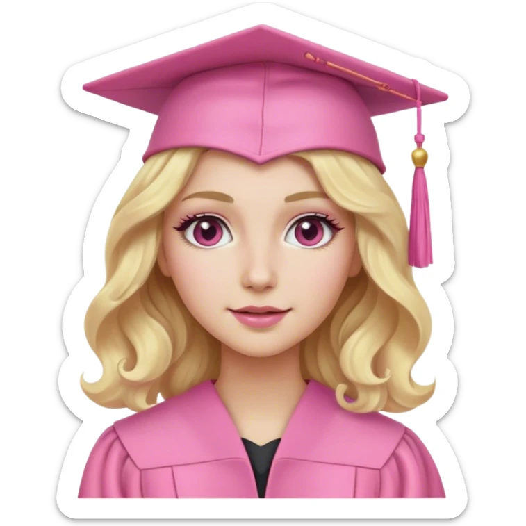 Blonde with wavy hair, a pink graduation cap, white skin and pink makeup  sticker