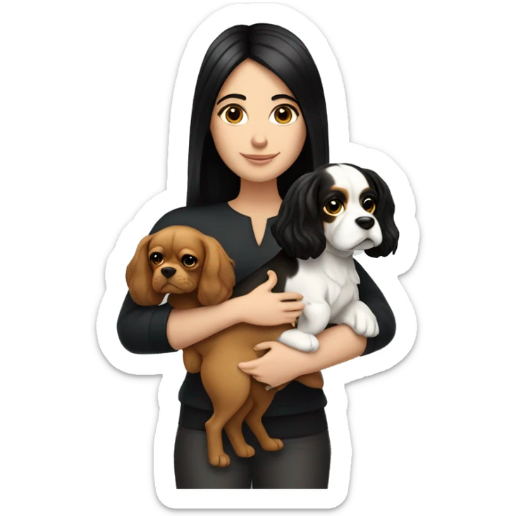 white girl with black straight hair holding a king charles dog sticker