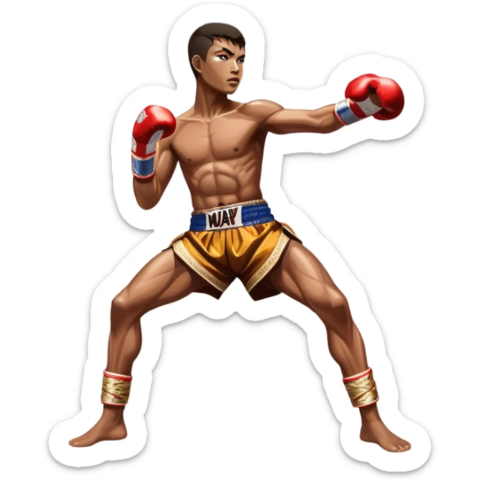 Muay Thai traditional – Cinematic Realistic Traditional Muay Thai Fighter, depicted in authentic Muay Thai attire with arm bands and shorts, poised in a dynamic fighting stance in a traditional Thai stadium, rendered with vivid textures and dramatic, high-contrast lighting that accentuates the art’s intensity. sticker
