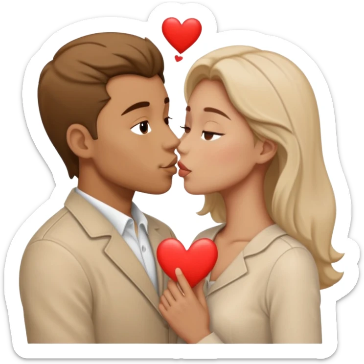 A man in pale beige clothes and a woman in pale beige clothes are kissing with white hearts sticker