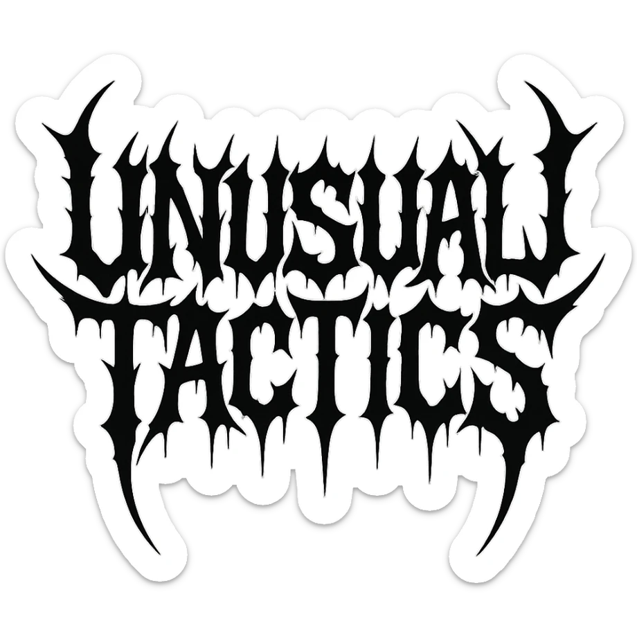 a logo, resembling that of metal band logo, for the text: "unusual tactics", drip font, symmetrical lettering, lettering only sticker