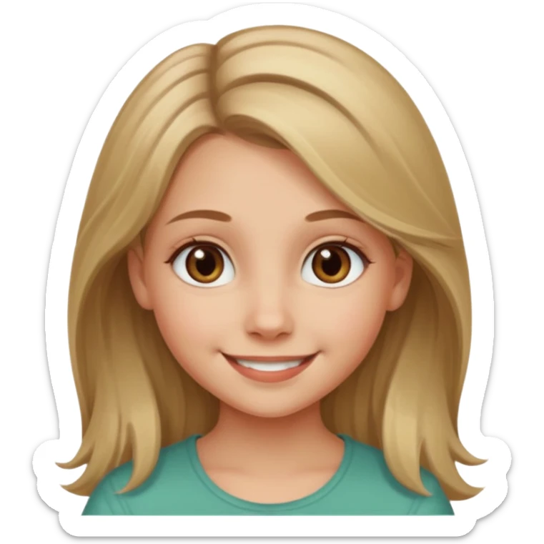 A smiling young girl with long dirty blonde hair and hazel green and brown eyes sticker