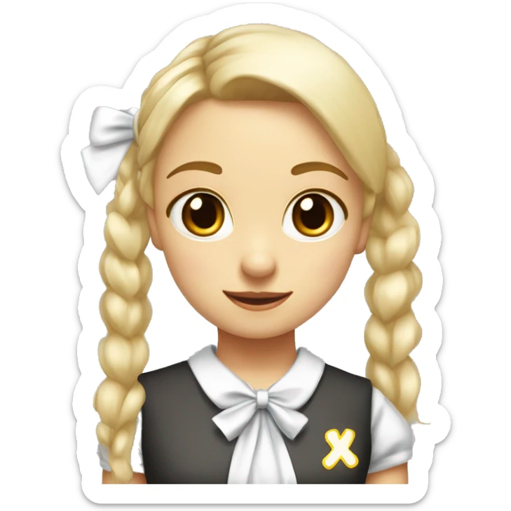 Draw a blonde schoolgirl with fringes and a high ponytail with a big white bow. the girl has red eyes and smiles wryly sticker