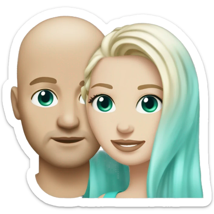Couple. White skin. Male bald. Aqua eyes. Woman long blonde brown highlight hair. 35. Teal eyes.  sticker