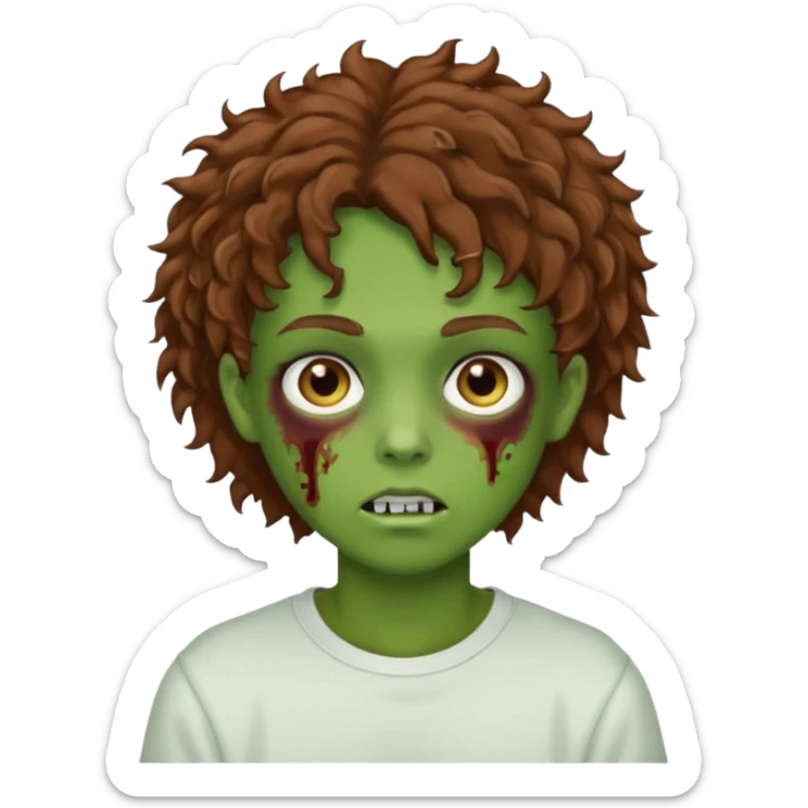  green teen zombie with brown curly hair and brown eyes wearing a white sweat sticker
