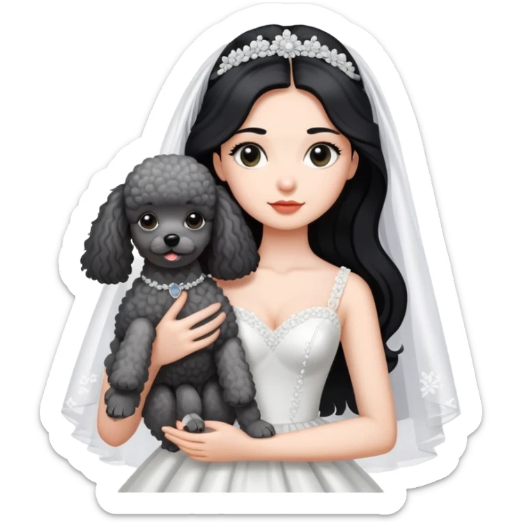A beautiful girl with long black hair in a wedding dress holds a small gray poodle sticker