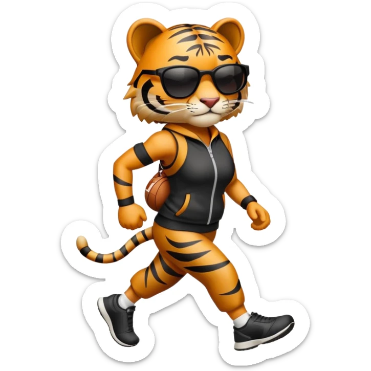 female energetic anthropomorphised tiger in sports clothes, wearing dark sunglasses, walking upright sticker
