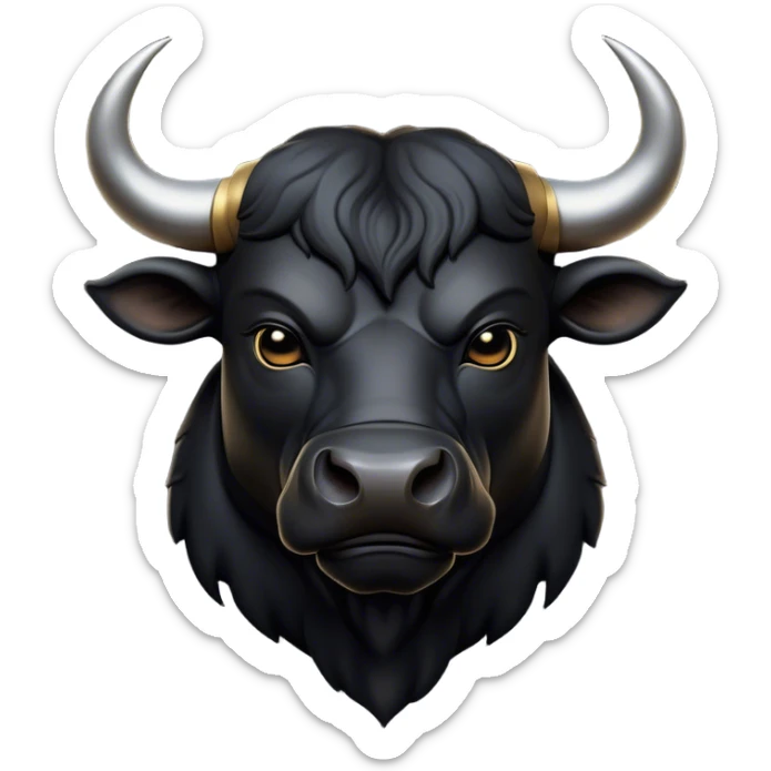 Cinematic Noble Black Bull Portrait Emoji, Poised and regal, with a massive, muscular build and a sleek, well-groomed pure black hide, deep-set soulful dark eyes, Simplified yet sharp and sophisticated features, highly detailed, glowing with a soft, dignified glow, high shine, intelligent and formidable, stylized with an air of strength, focused and attentive, soft glowing outline, capturing the essence of a watchful and confident guardian, so majestic it feels as though it could charge out of the screen with effortless authority! sticker