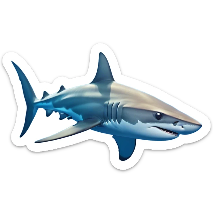 Cinematic Noble Hammerhead Shark Portrait Emoji, Poised and regal, with a broad, flattened hammer-shaped head, wide-set eyes, and a streamlined, powerful body gliding through deep blue waters, Simplified yet sharp and sophisticated features, highly detailed, glowing with a cool, oceanic luminescence, high shine, intelligent and commanding, stylized with an air of marine authority, focused and vigilant, soft glowing outline, capturing the essence of a watchful and confident predator that appears ready to glide out of the screen with effortless power! sticker