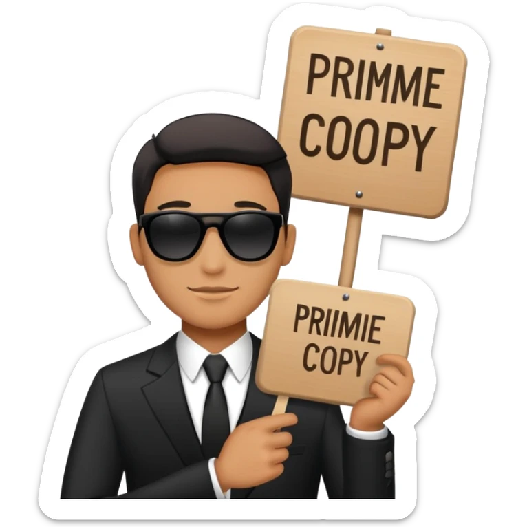 A man in a black suit and black sunglasses holds a sign that says PrimeCopy sticker
