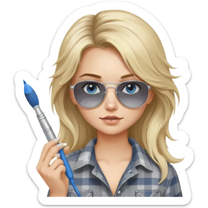 girl with long blond messy hair, wearing grey plaid shirt with blue eyes and aviator sunglasses wearing a ring on her silver necklace, holding a paint brush roller with a small bit of white paint on her face sticker