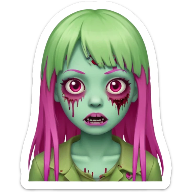 Create a female zombie emoji with long, straight hair in hot pink and bangs. sticker