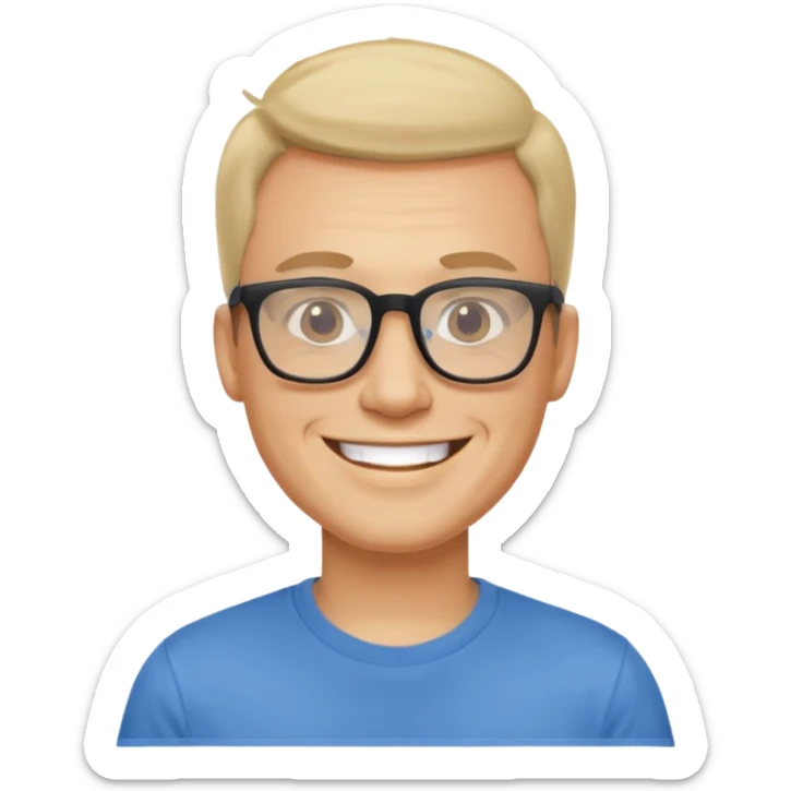 portrait of adult man, wearing a t-shirt, square glasses, grinning face sticker