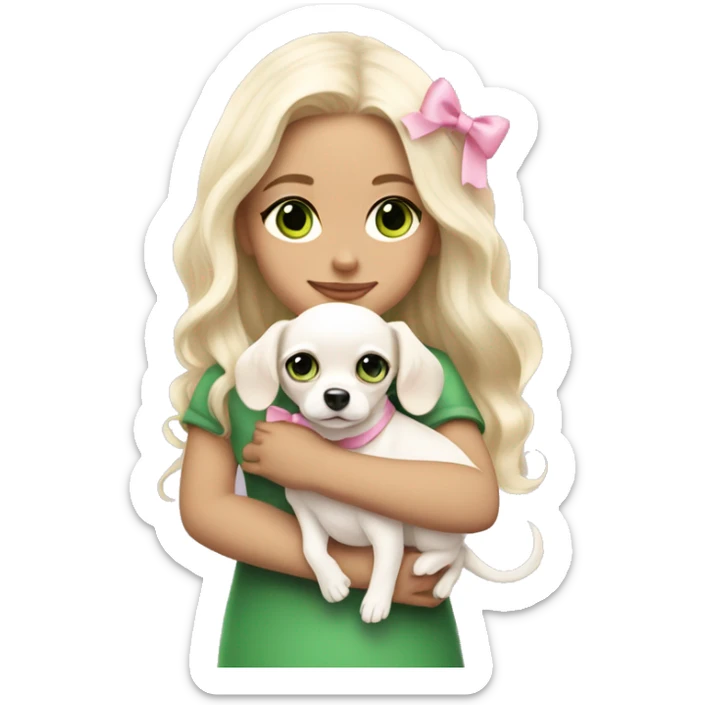 pale blond girl with wavy long platinum hair with green eyes holding a white chihuahua puppy that wearing a pink bow sticker