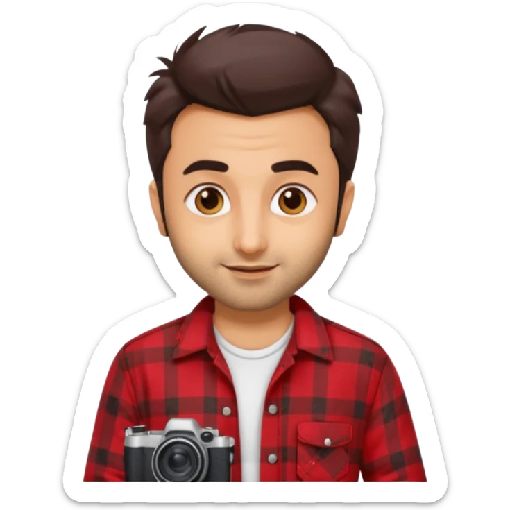 generate a pretty bratz emoji 
Make her look like Ranbir kapoor wearing a red flannel shirt,with white tee underneath. smirking and carrying a camera

he should look exactly  like ranbir kapoor!  sticker