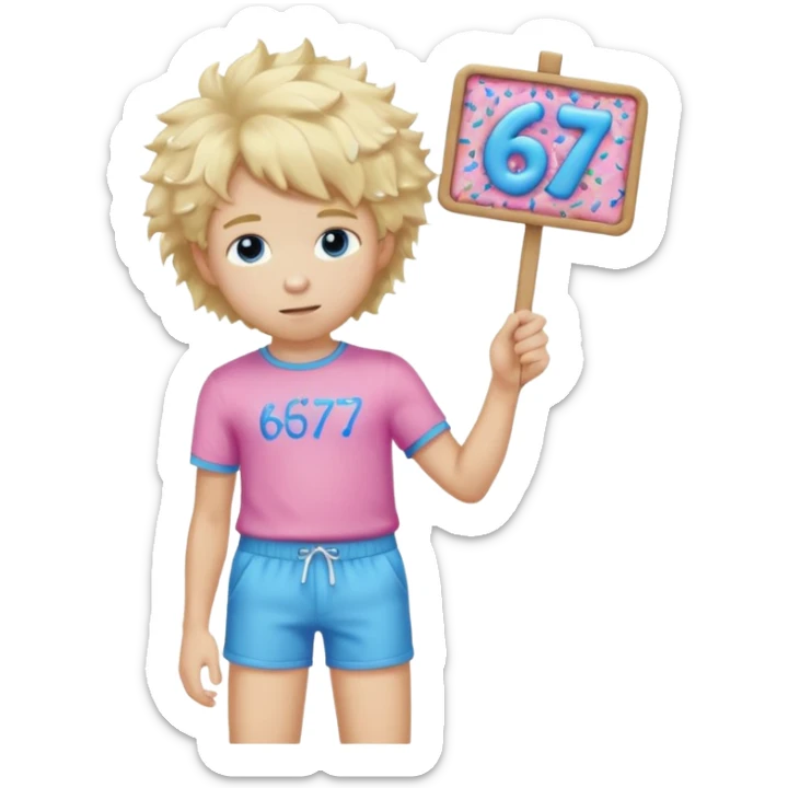 Teenage blond boy with fluffy hair, wearing pink shorts and blue sprinkles, holding a sign that says 67 sticker