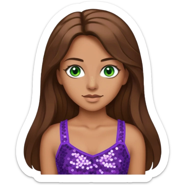Teresa from Barbie & Friends with green eyes, long brown hair, lilac sequin crop top sticker
