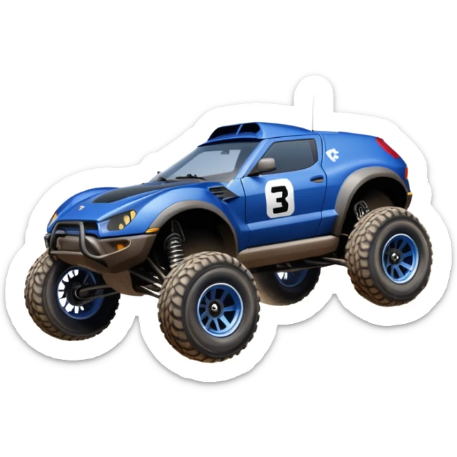 Dirty Midnight-blue Local Motors Rally Fighter off road race car jumping over a dirt ramp  sticker