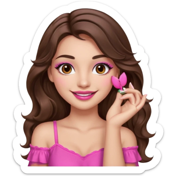 girl with long wavy brown hair, brown eyes, long lashes makeup, sexy pink lips, light to medium complexion, pink sexy top, smiling, hand by the cheek sticker