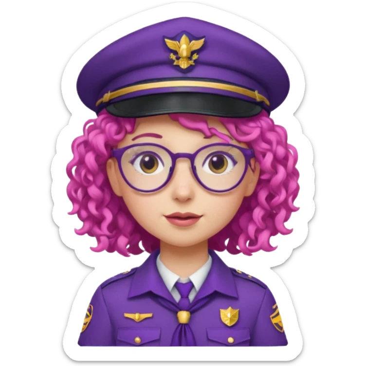 scout girl with pink curly hair and uniform and hat and glassess and purle uniform sticker