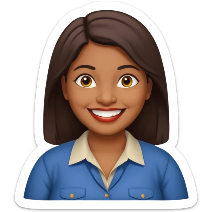 40 yr old chubby Sri Lankan woman, dark skin, straight brown hair, big smile, white teeth, american clothes sticker