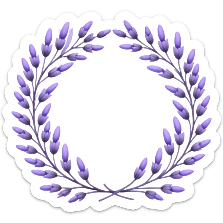 The art style is clean line art with delicate watercolor textures, pastel colors, and a dominant palette of lavender, soft lilac, and muted purple. A set of lavender wreaths, simple flower branches, and delicate frames to border text. sticker