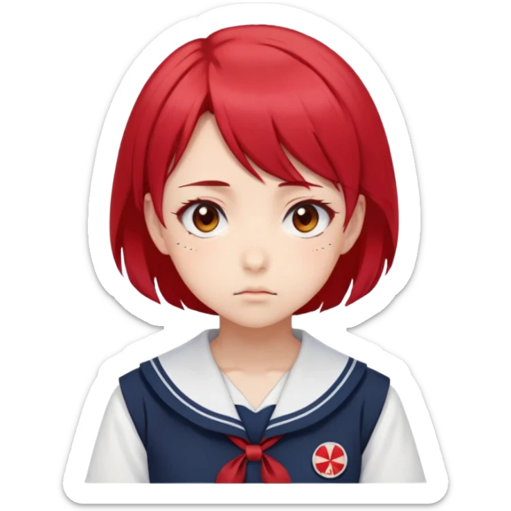 Serious anime girl with short bright red hair wearing Japanese sailor style school uniform, intense gaze and slight frown, disciplined posture sticker