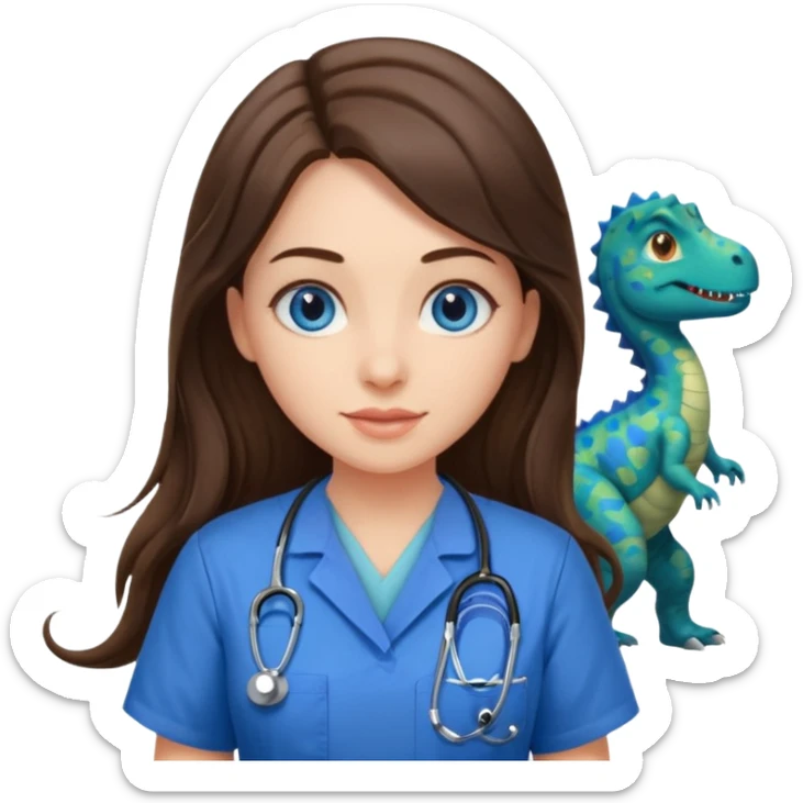 pretty brunette nurse with long hair and blue eyes in dinosaur pattern scrubs sticker